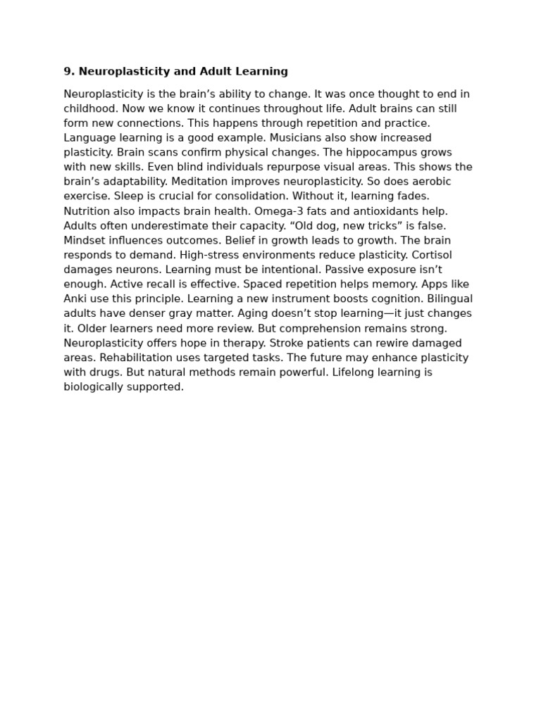 Neuroplasticity in Adult Learning Insights | PDF