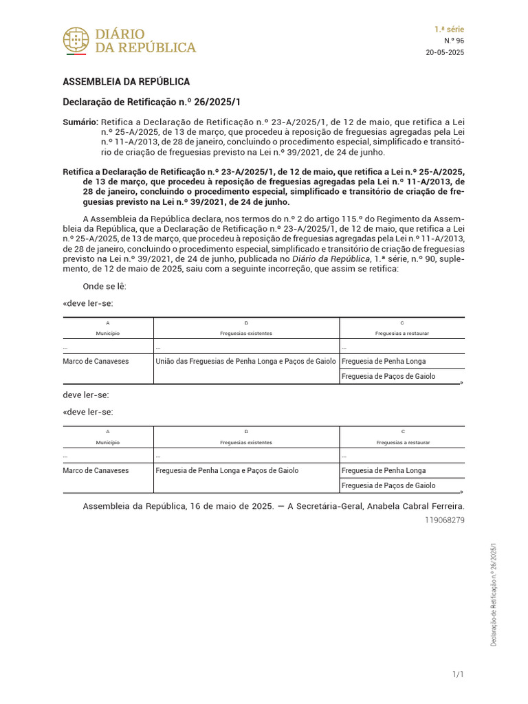 Retificação da Declaração n.º 26/2025/1 | PDF | Portugal
