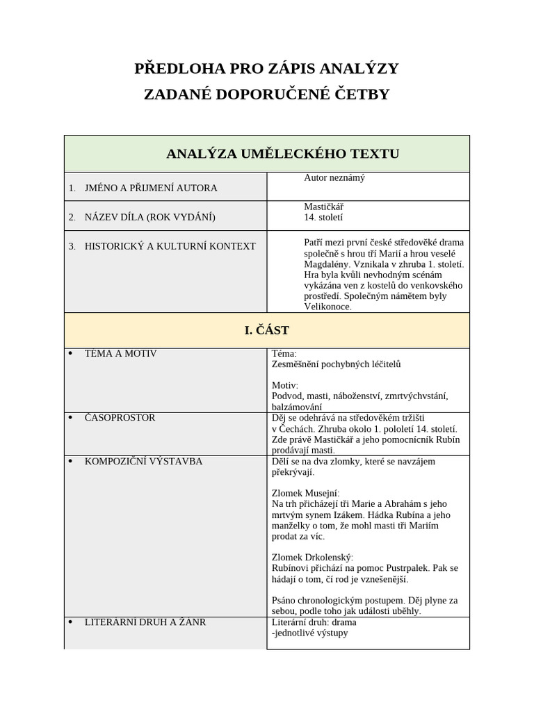 TABULKA Pro Zápis Analýzy Zadané Doporučené Četby | PDF