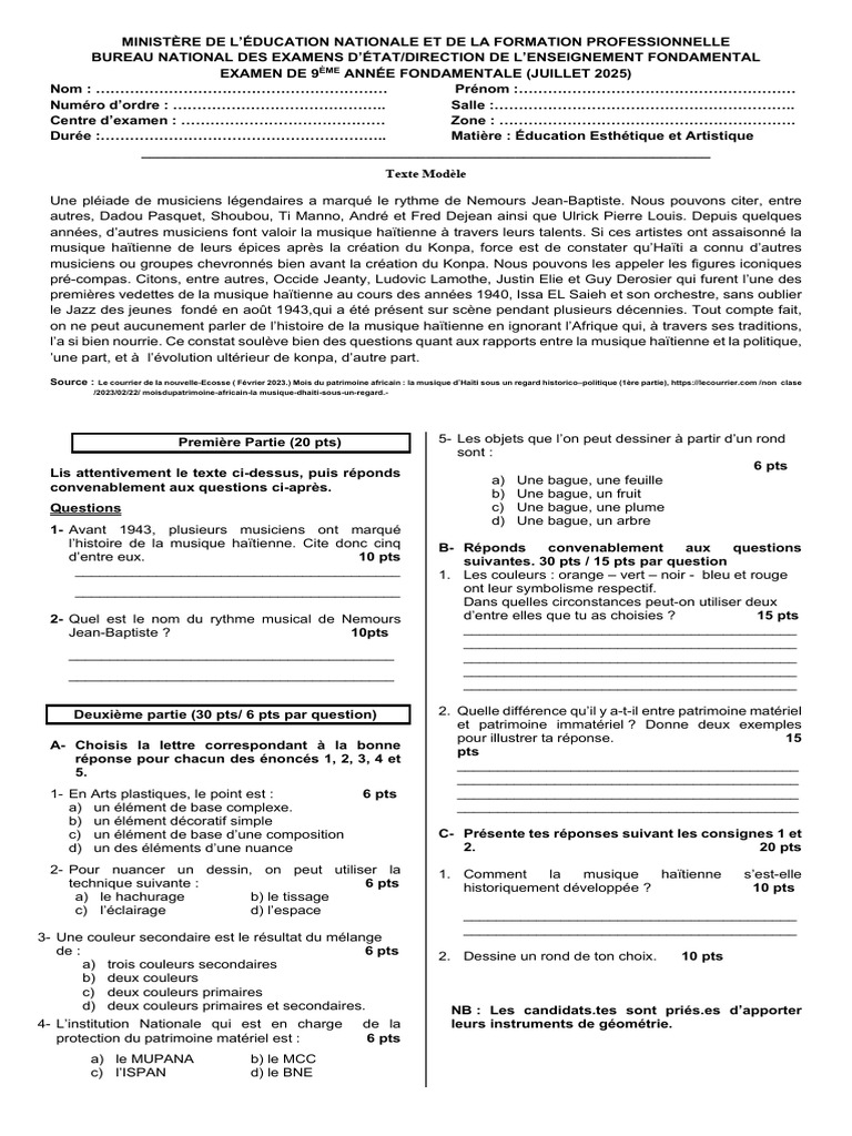 Examen 9ème 2025 : Modèle et Questions | PDF