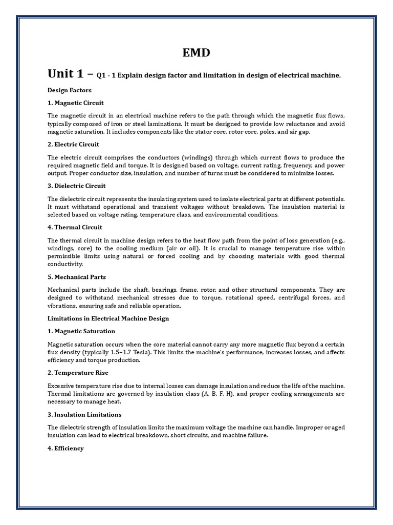 EMD Unit 1 - : Q1 - 1 Explain Design Factor and Limitation in Design of ...