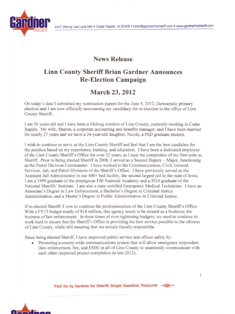 Gardner ReElection Campaign Announcement PDF Sheriffs In The