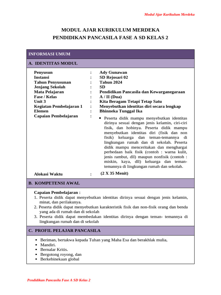 Modul Ajar Pancasila Kelas 2 SD | PDF