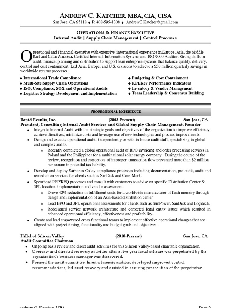 Internal Audit Manager In San Jose CA Resume Andrew Katcher Internal