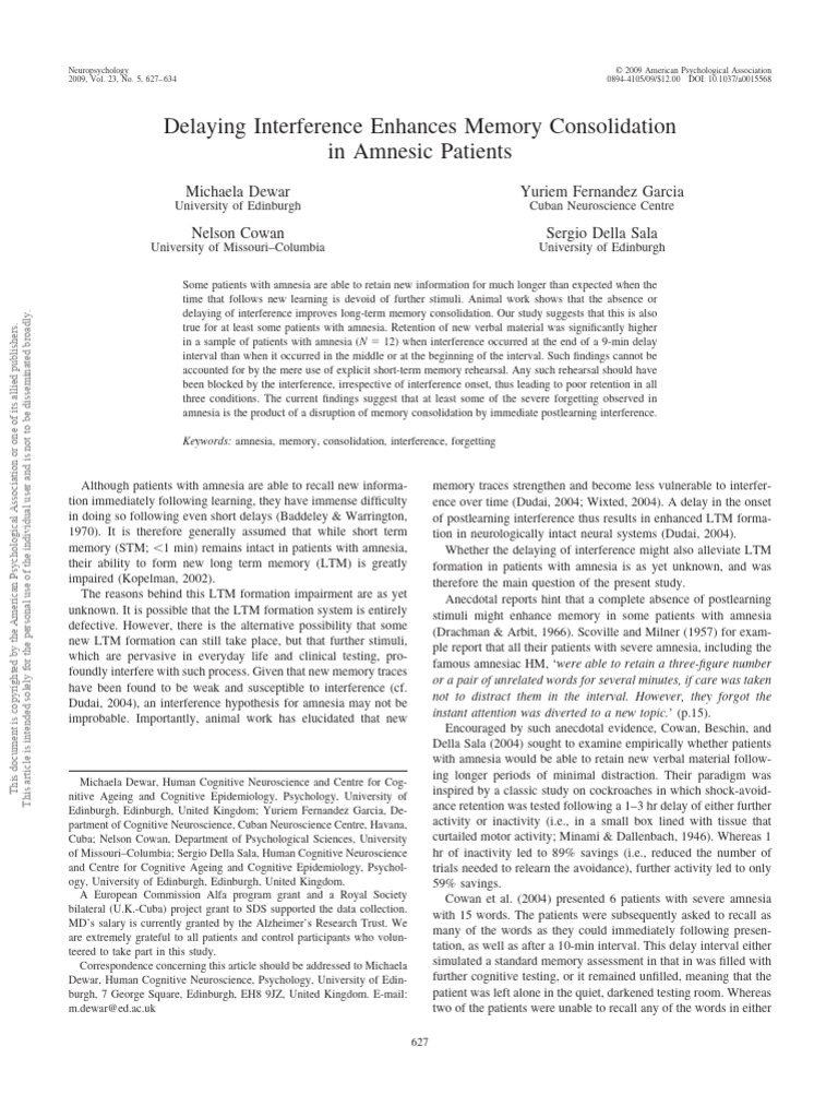 Delaying Interference Boosts Amnesia Memory | PDF | Memory | Recall ...