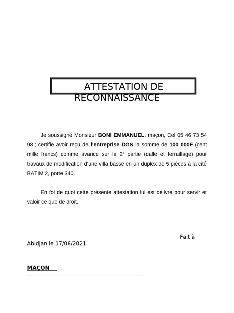 Attestation de reconnaissance de paiement | PDF