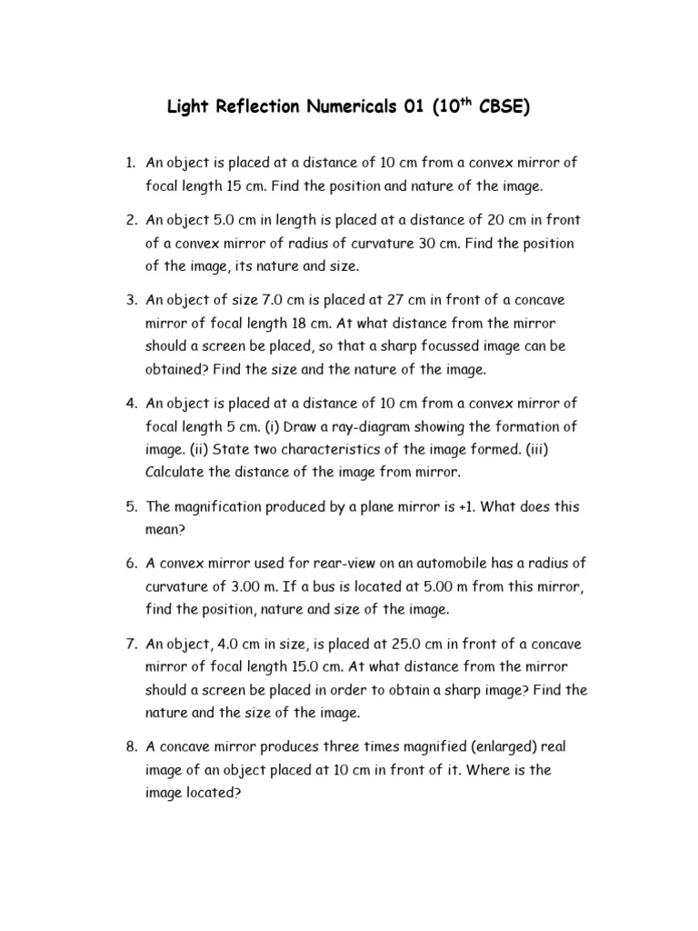 Light Reflection Numericals 01 | PDF | Glass Engineering And Science ...