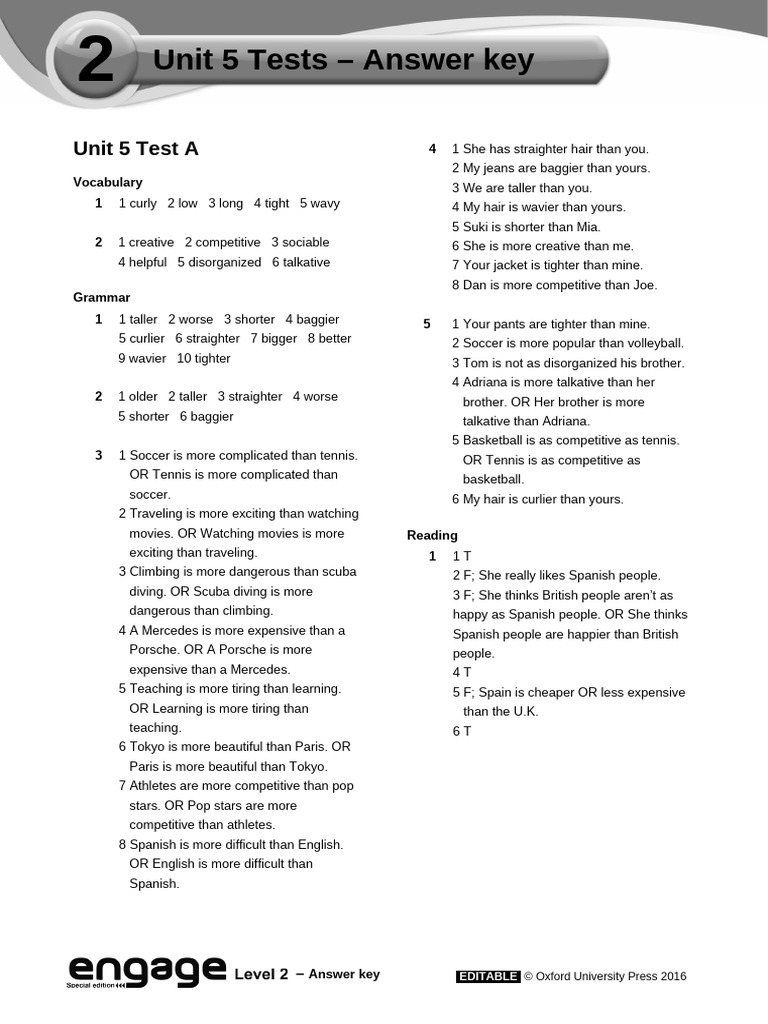 Unit 5 Test Answer Key | PDF