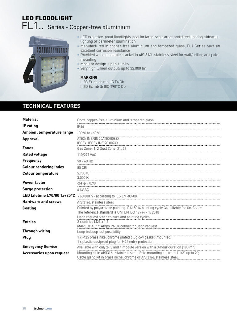 ATEX FL1 Series LED Floodlight Specs | PDF | Lighting | Alternating Current