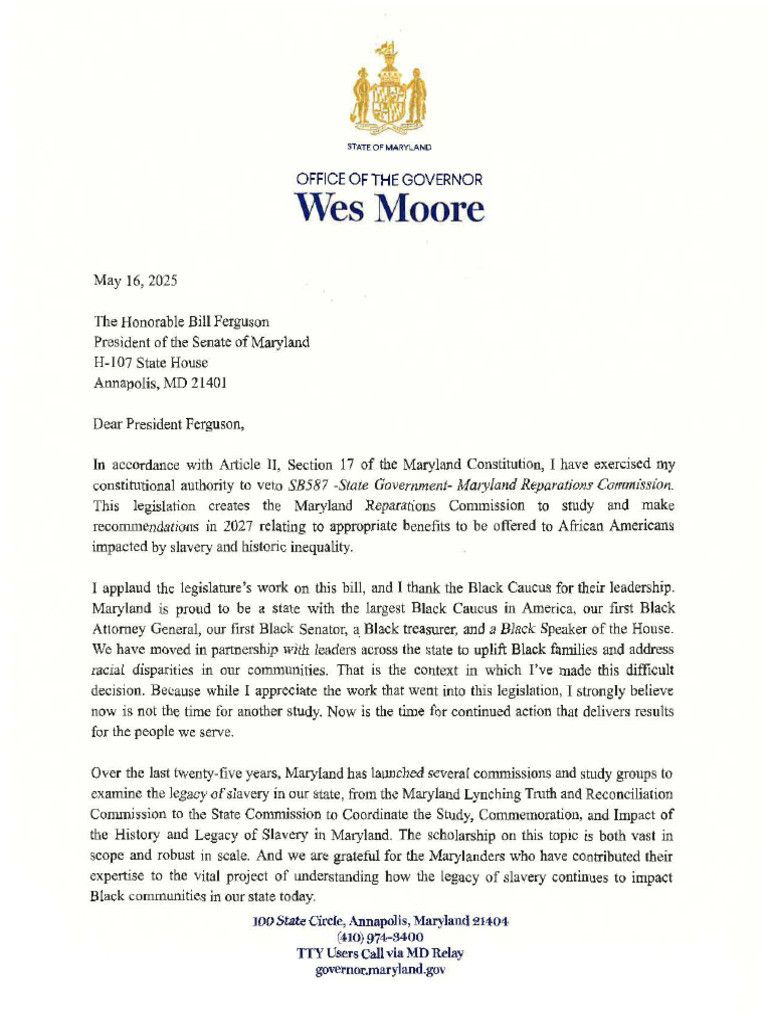 SB587 Veto Letter Reparations Study | PDF | Maryland | Government