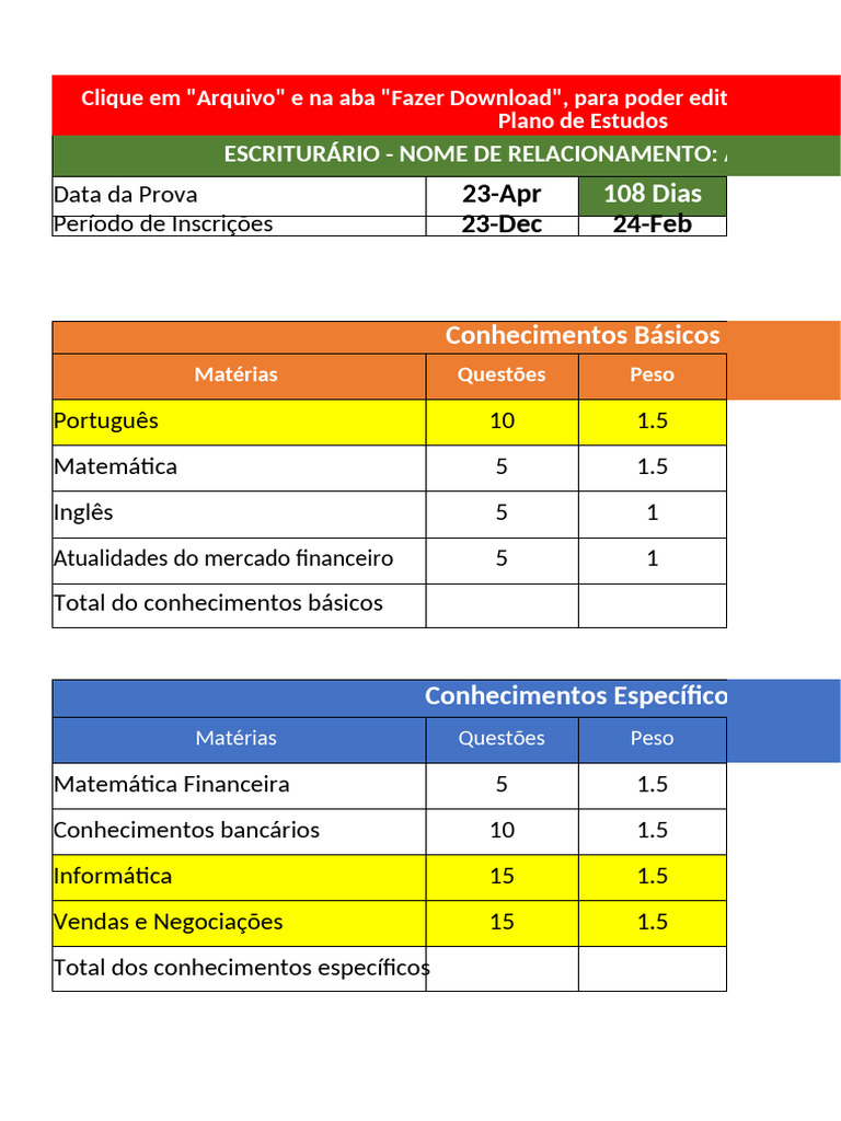 Plano de Estudos para Escriturário 2023 | PDF