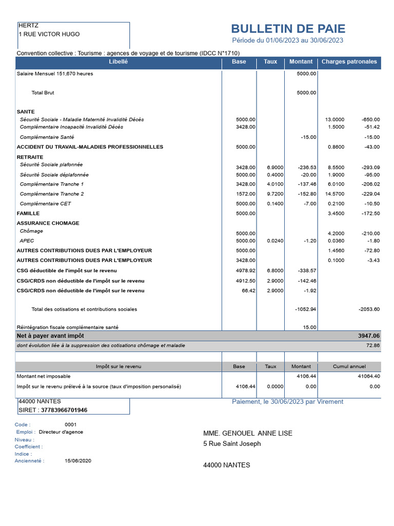 Bulletin de paie MME GENOUEL Juin 2023 | PDF | Impôt sur le revenu ...