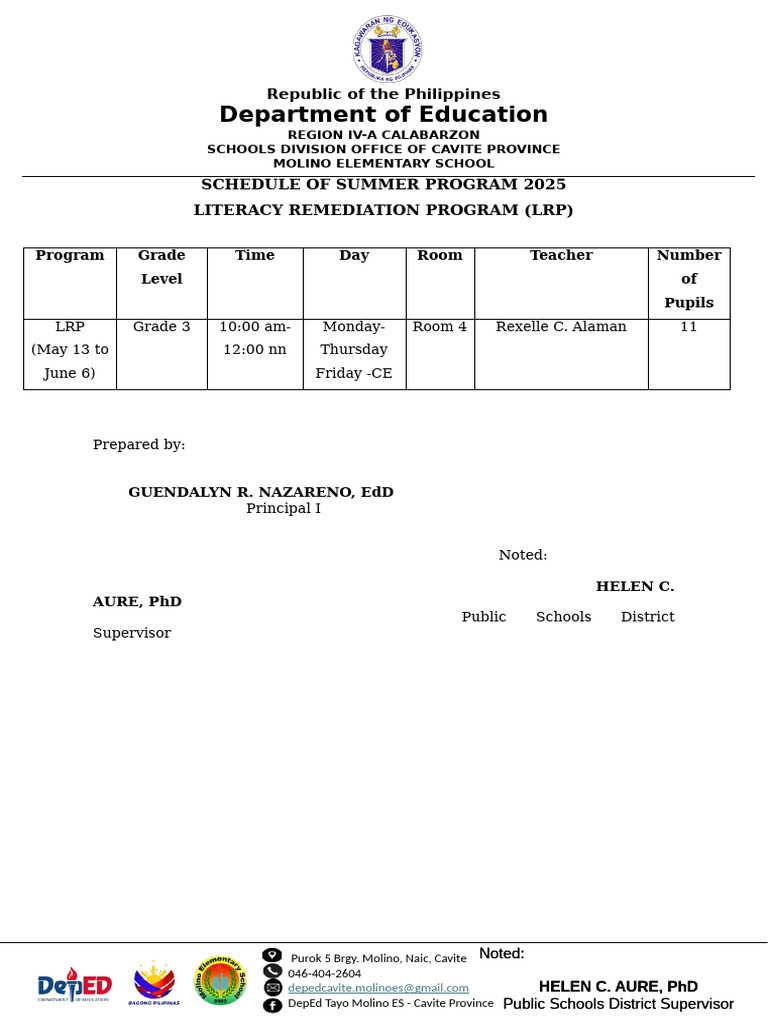 LRP Schedule for Summer 2025 | PDF