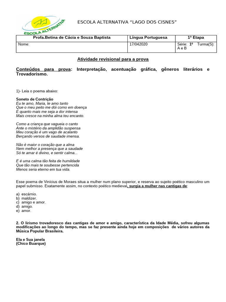 Atividade sobre Trovadorismo e ENEM | PDF