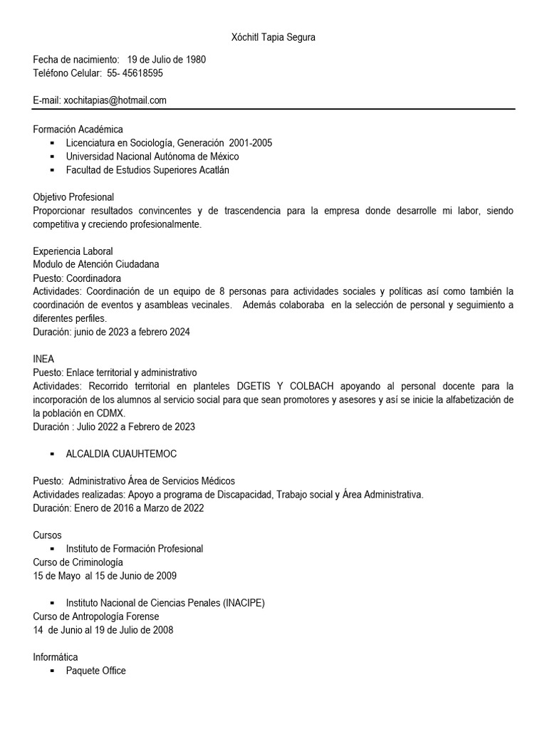 Perfil Profesional de Xóchitl Tapia Segura | PDF