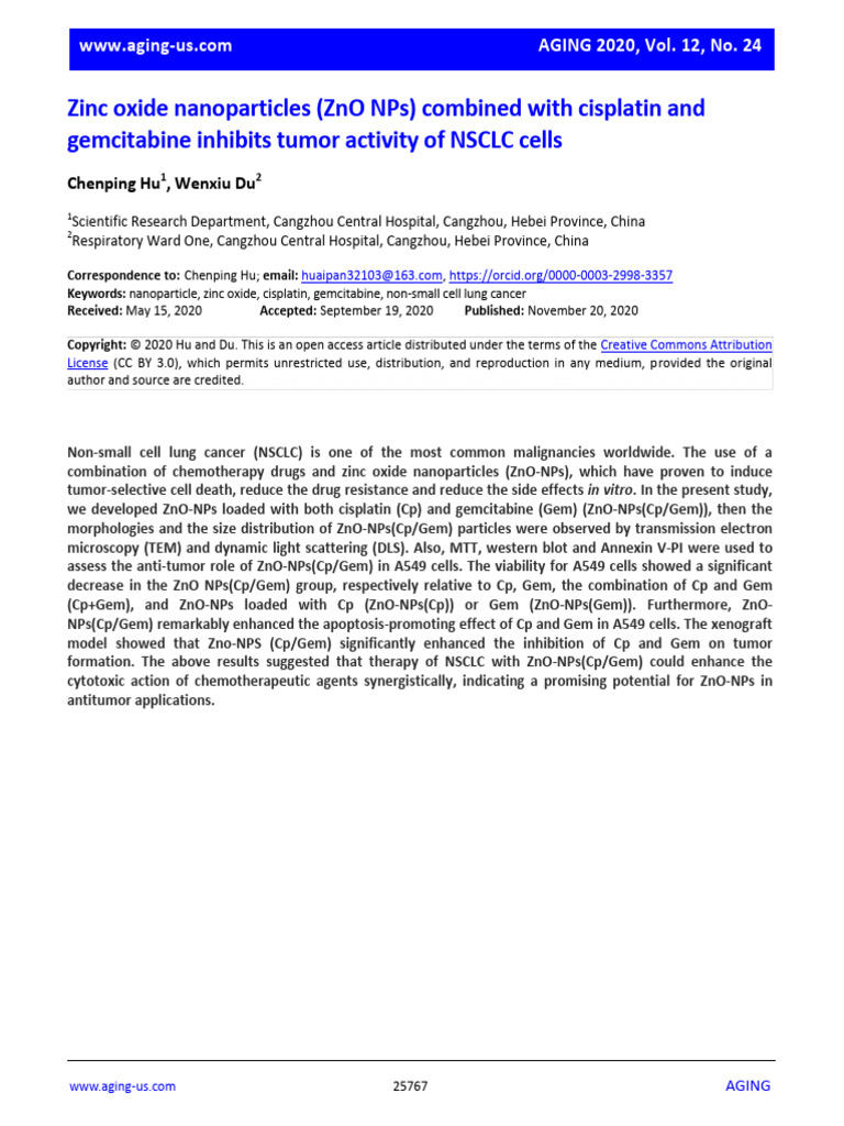 Zno NPs Targeting NSCLC Cells | PDF | Chemotherapy | Cancer