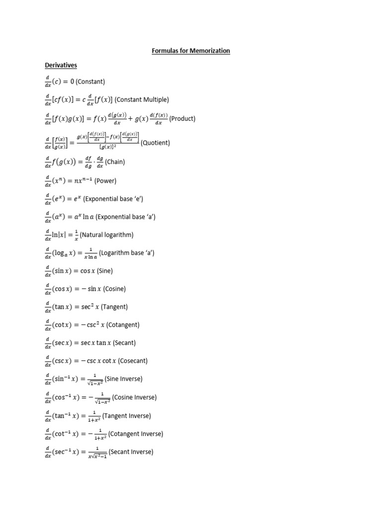 Essential Calculus Formulas Guide | PDF | Trigonometric Functions | Euclid