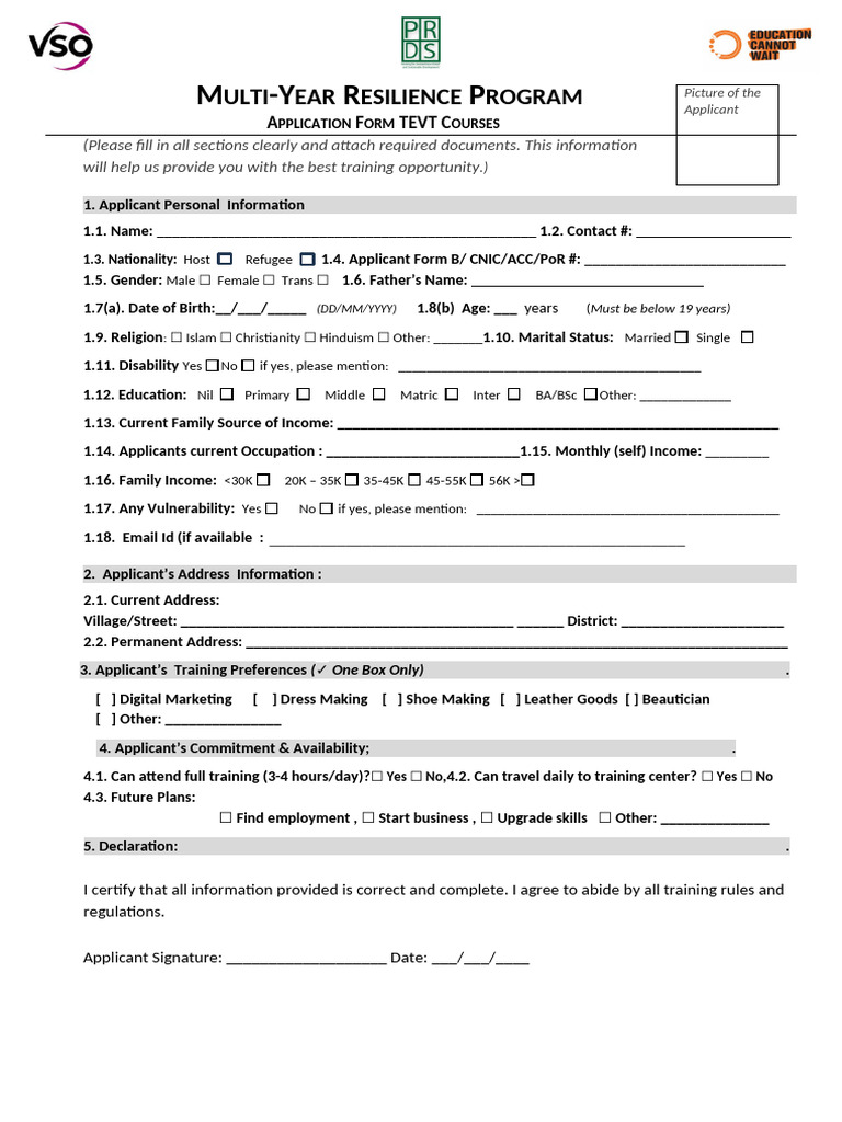 TEVT Courses Application Form | PDF