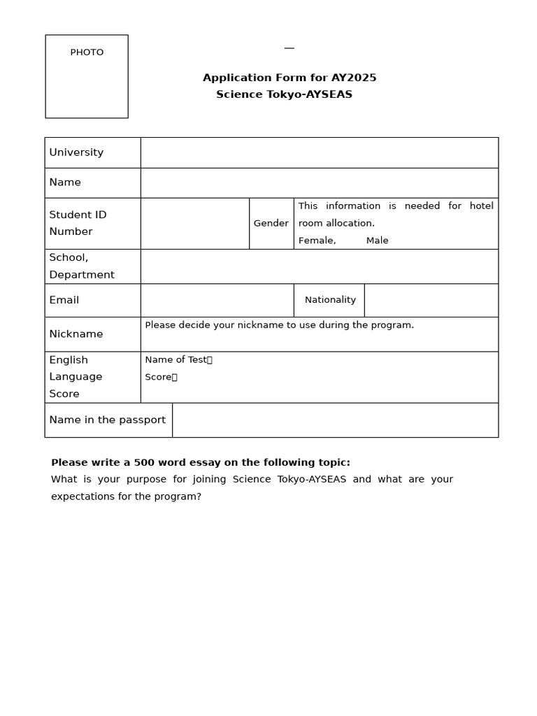 Science Tokyo Ayseas 2025 Application Form English Pdf