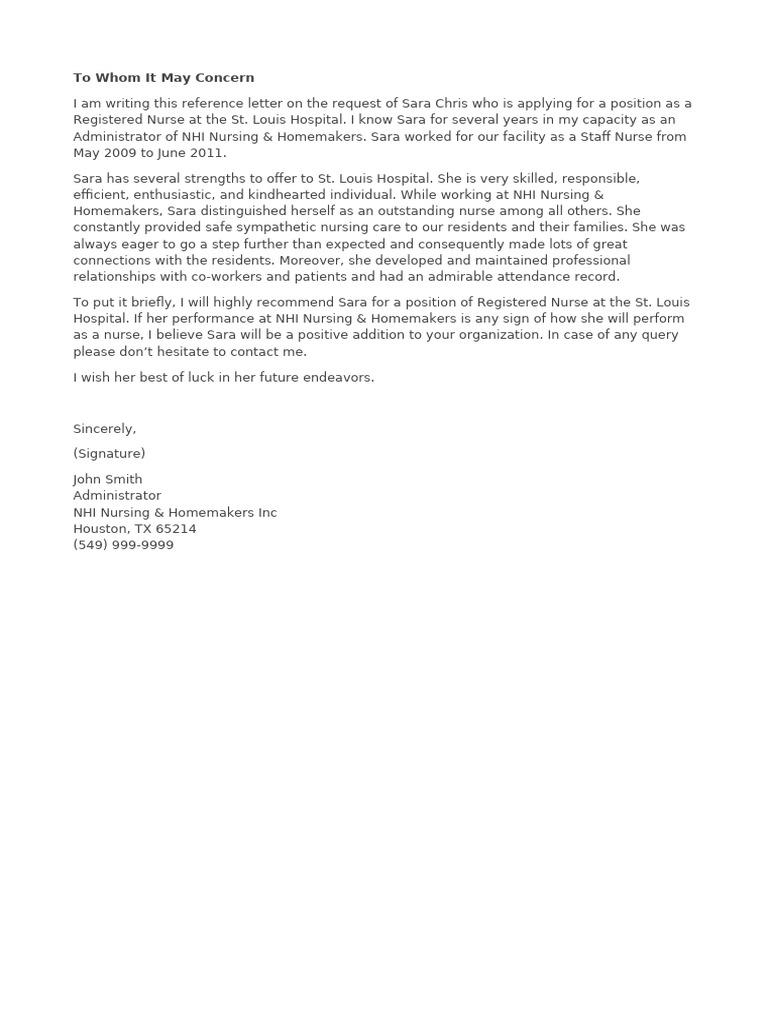Reference Letter for Nurse Sara Chris | PDF