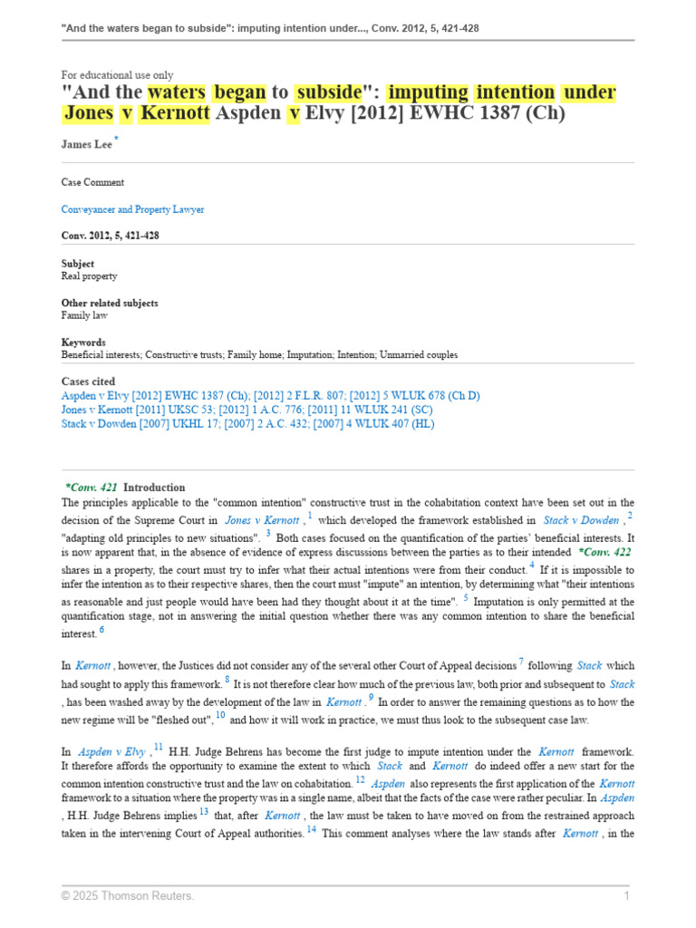 Imputing Intention in Kernott Case | PDF | Estoppel | Lawsuit