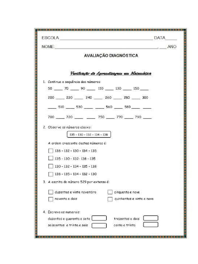 Atividade Avaliativa de Matemática 3 Ano 2024 | PDF