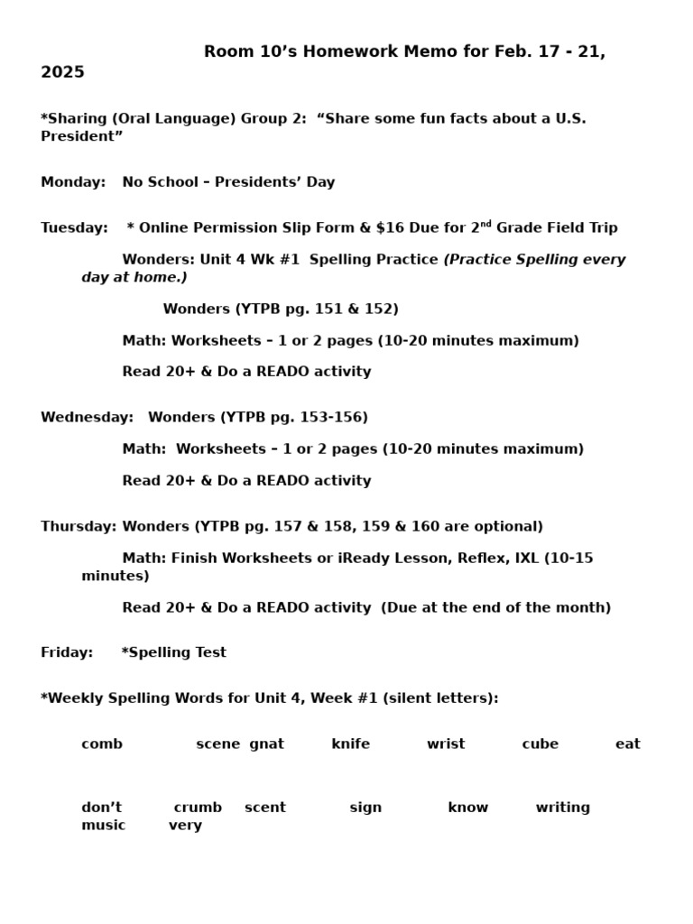 Room 10 Homework Memo: Feb 17-21, 2025 | PDF