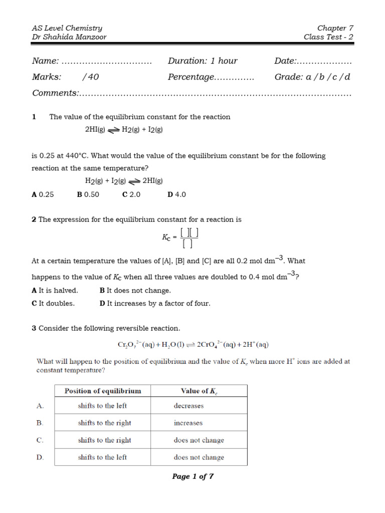 Chemical Equilibrium Class Test | PDF | Chemical Equilibrium | Mole (Unit)