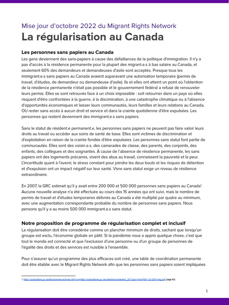 Régularisation des sans-papiers au Canada | PDF | Immigration | Canada