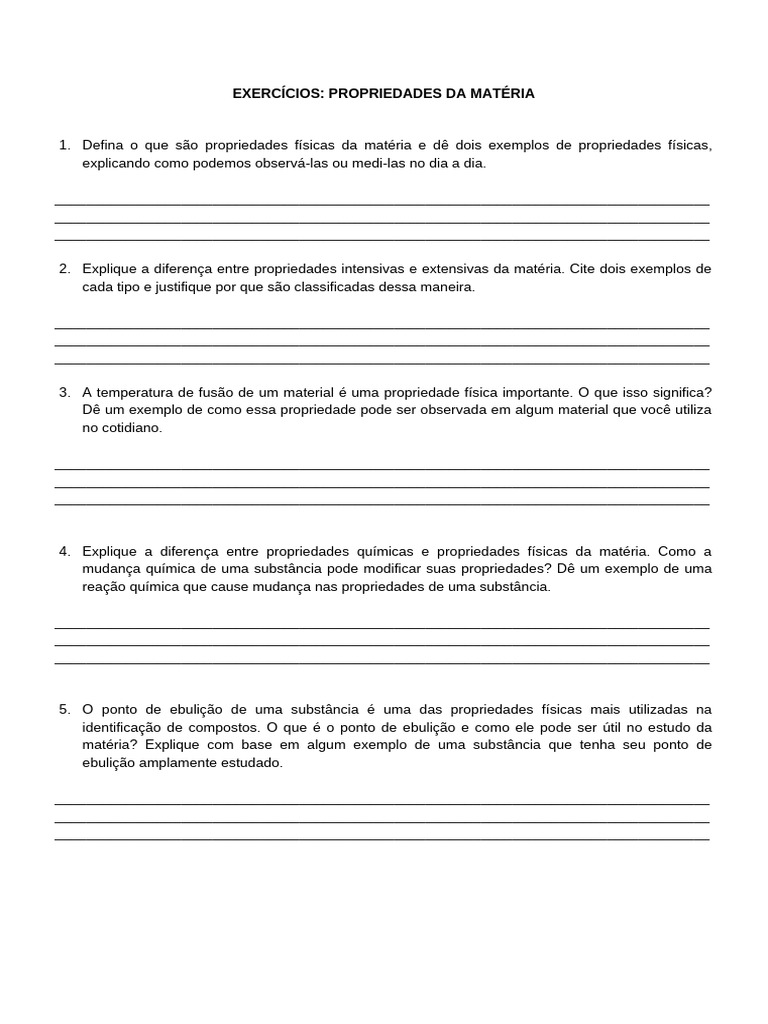 Exercícios sobre Propriedades da Matéria | PDF