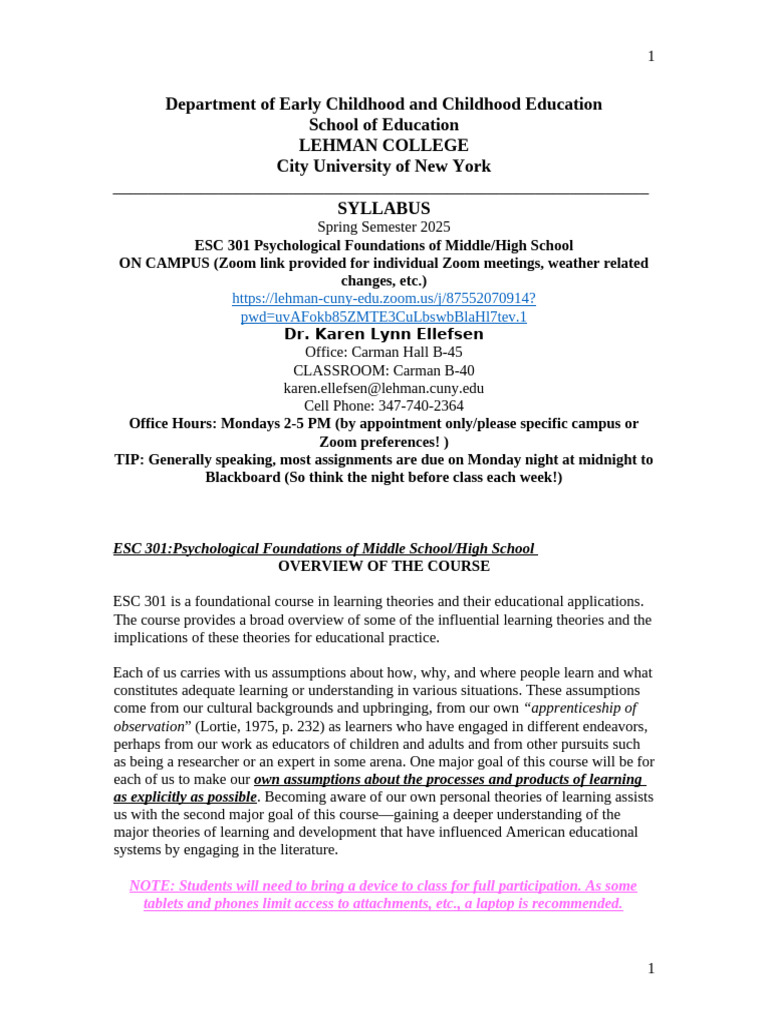 ESC 301 Thurs Spring 2025 Syllabus Ellefsen | PDF | Educational ...