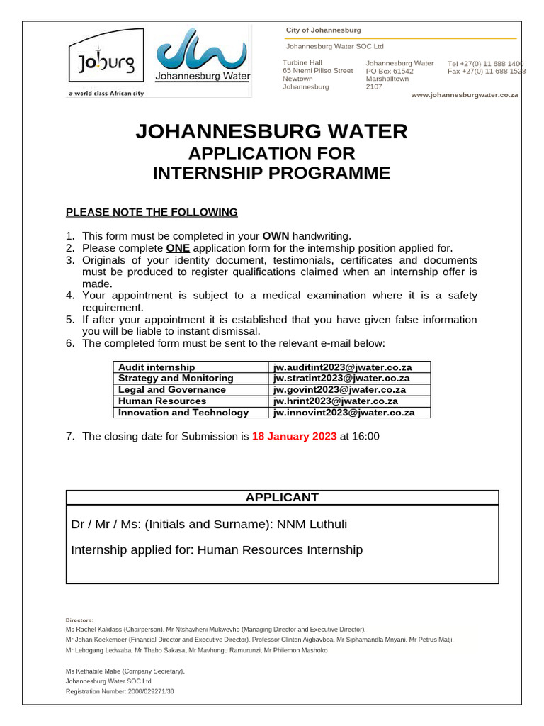 Johannesburg Water Internship Application | PDF