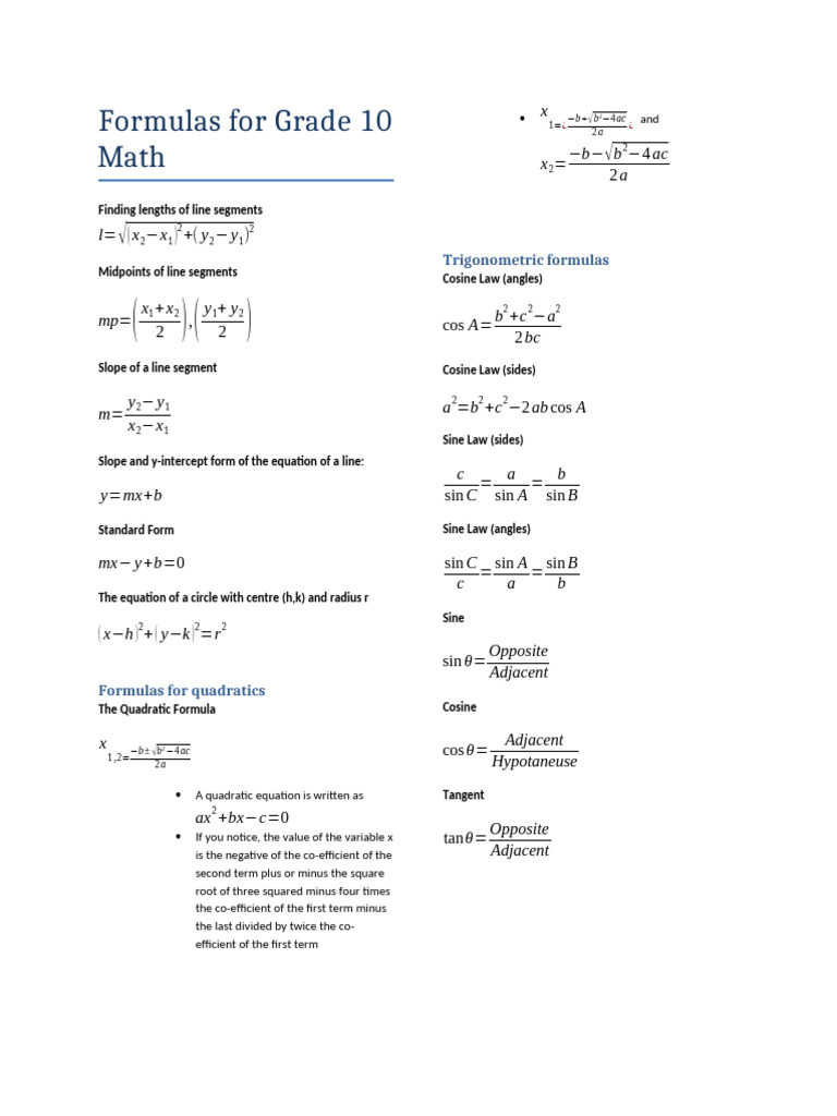 Grade 10 Math Formula Sheet | PDF | Trigonometric Functions | Complex ...