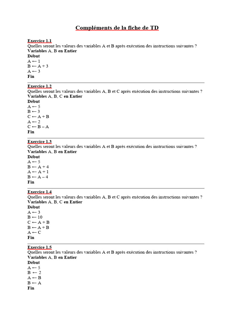 Exercices d'algorithmique et variables | PDF | Fichier texte | Fichier ...