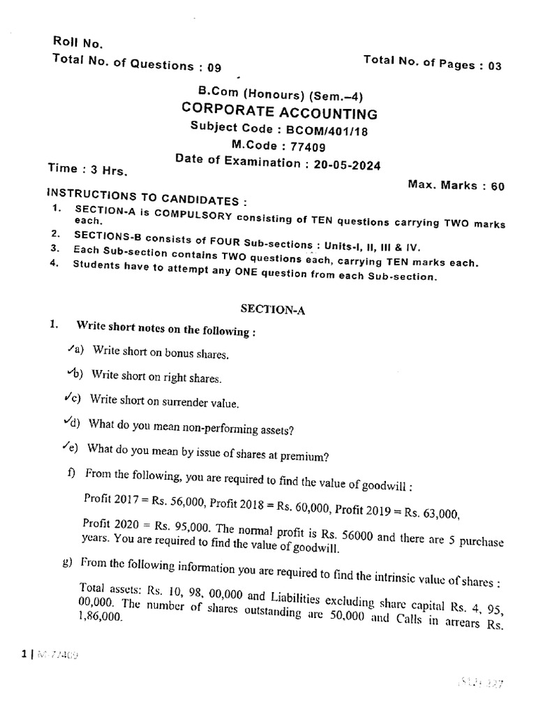 Bcom 4 Sem Corporate Accounting May 2024 | PDF