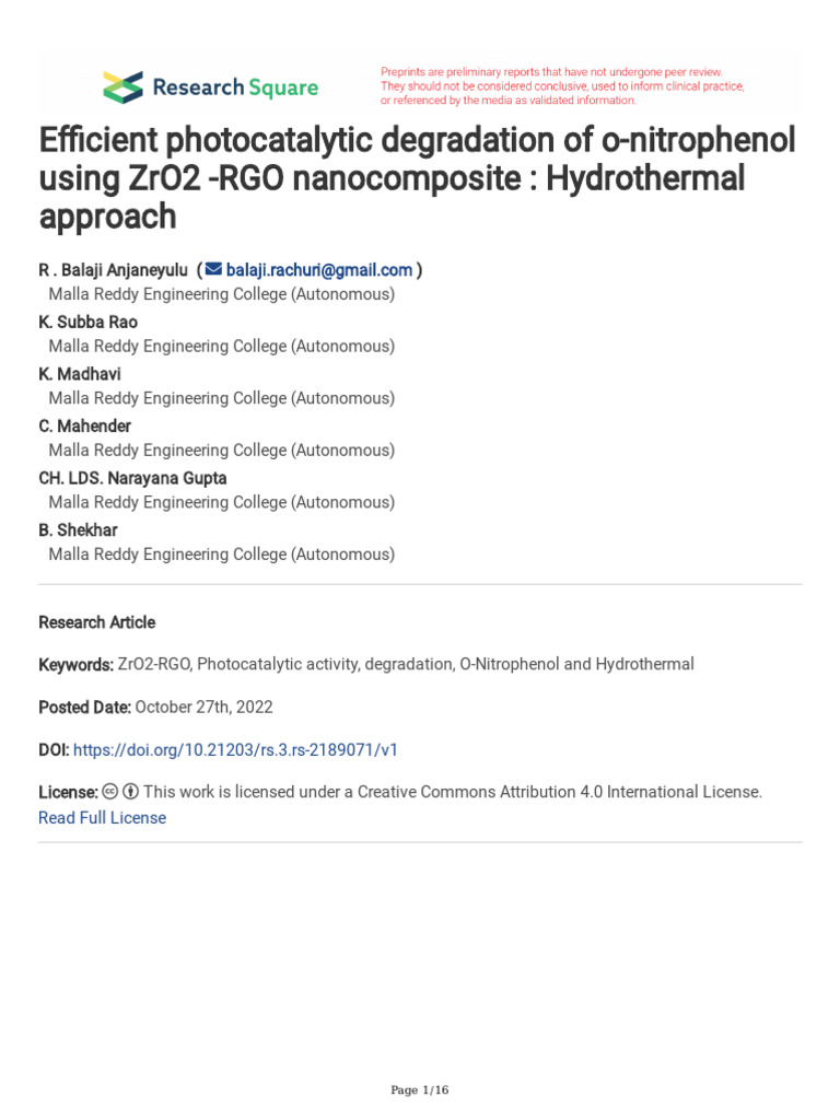 E Cient Photocatalytic Degradation of O-Nitrophenol Using Zro2 - Rgo ...
