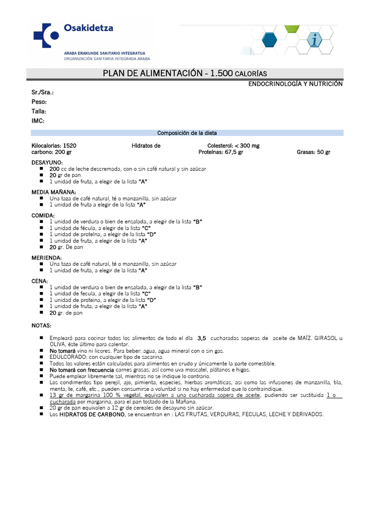 Plan de Alimentación 1500 Calorías | PDF | Nutrición | Dieta y nutrición