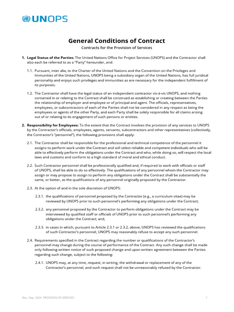 UNOPS Contractor Service Agreement Terms | PDF | Insurance | Employment