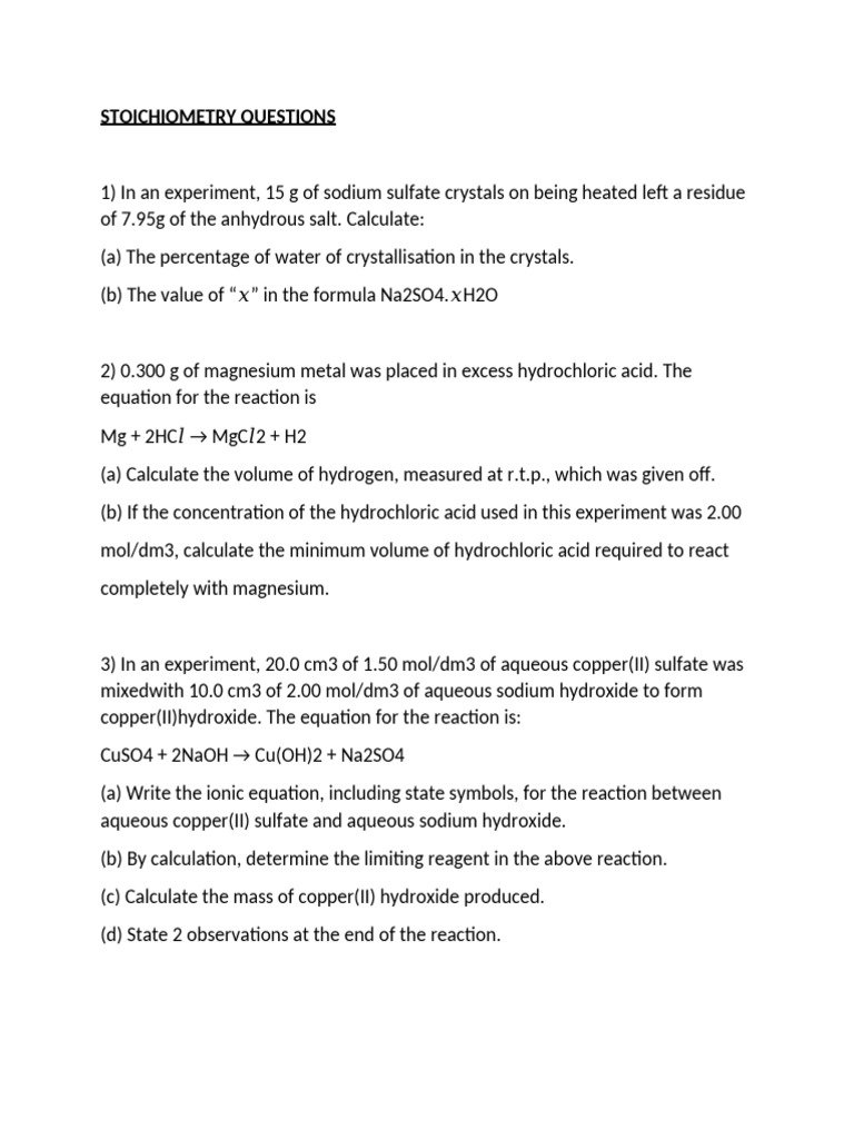 STOICHIOMETRY QUESTIONS Revision | PDF