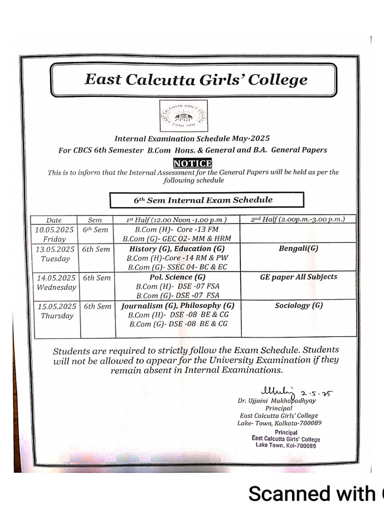 CBCS 6th Sem General & GE Paper Internal Exam Schedule | PDF