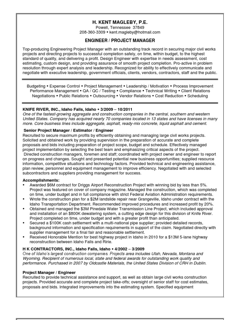 Engineering Project Manager in Knoxville TN Resume Kent Magleby PDF