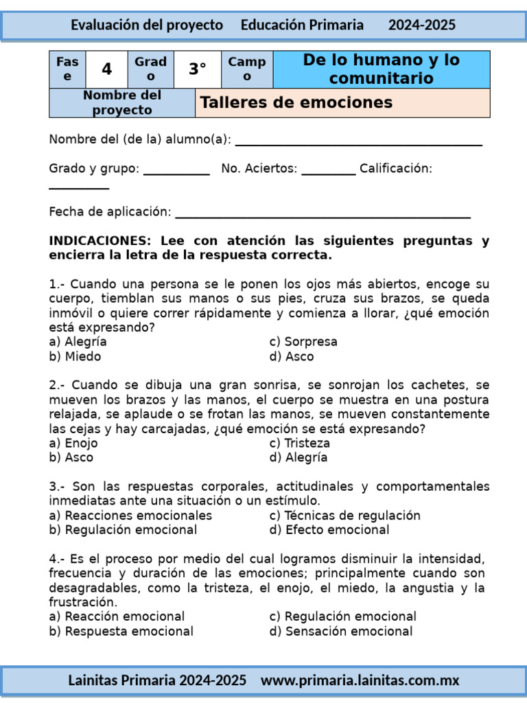 Evaluación de Talleres de Emociones | PDF | Las emociones ...