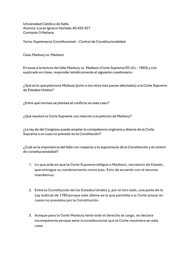 Ley Judicial de 1789 y Marbury vs. Madison | PDF