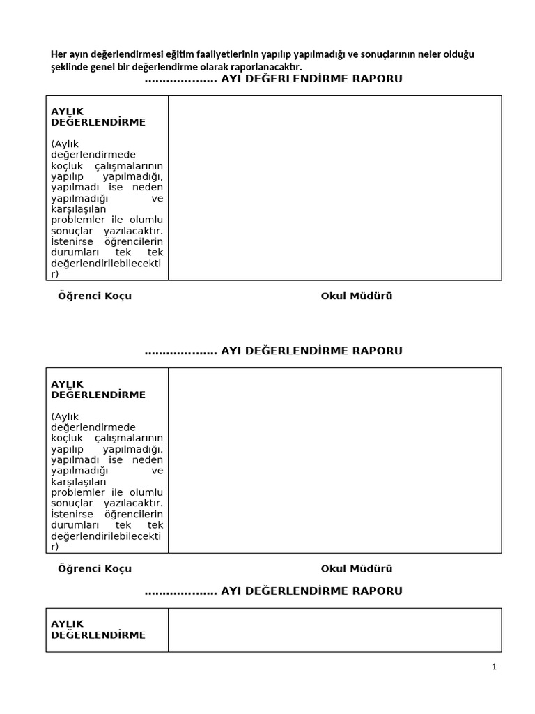 Egitim Koclugu Aylik Ve Donemlik Degerlendirme Raporu | PDF