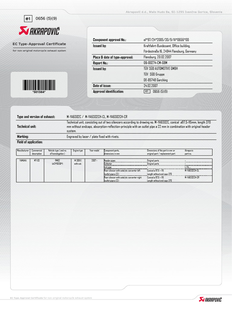 EC Type-Approval Certificate: For Non-Original Motorcycle Exhaust ...