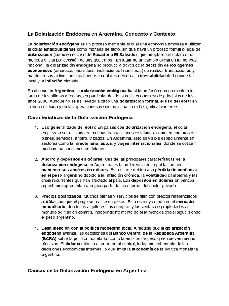 La Dolarización Endógena en Argentina: Concepto y Contexto | PDF ...