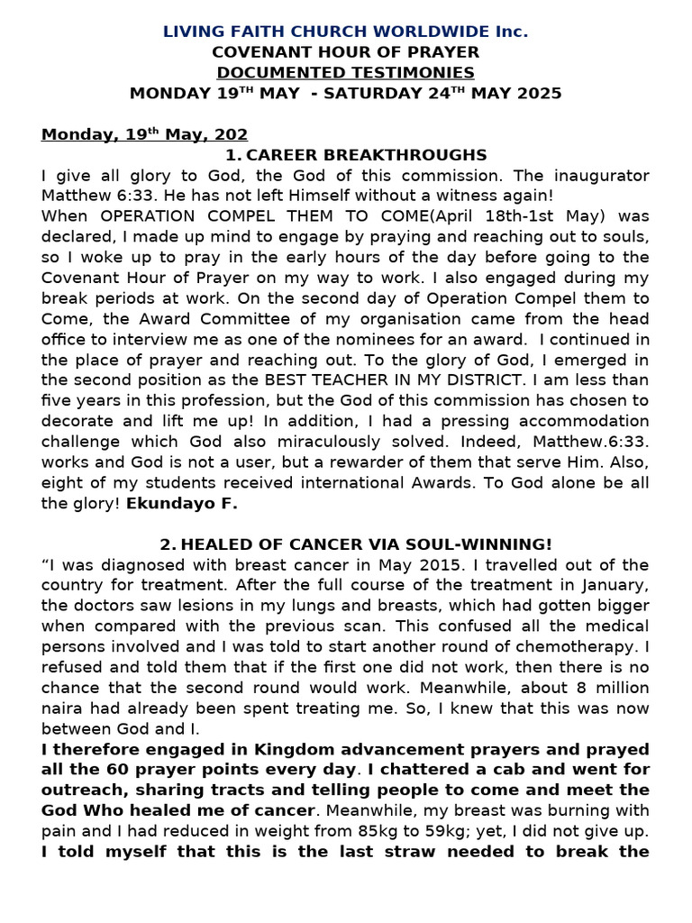 Chop Documented Testimonies For May 19TH To 24TH, 2025 | PDF | Prayer ...