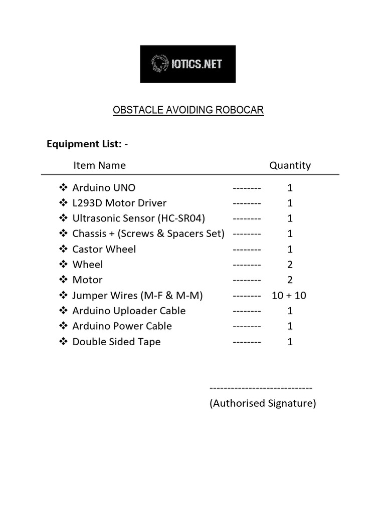Obstacle Avoiding Robocar Order Equipment List | PDF