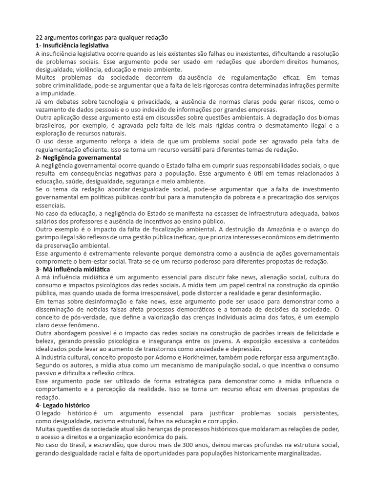 22 Argumentos Coringas para Redação | PDF | Discriminação e Relações ...