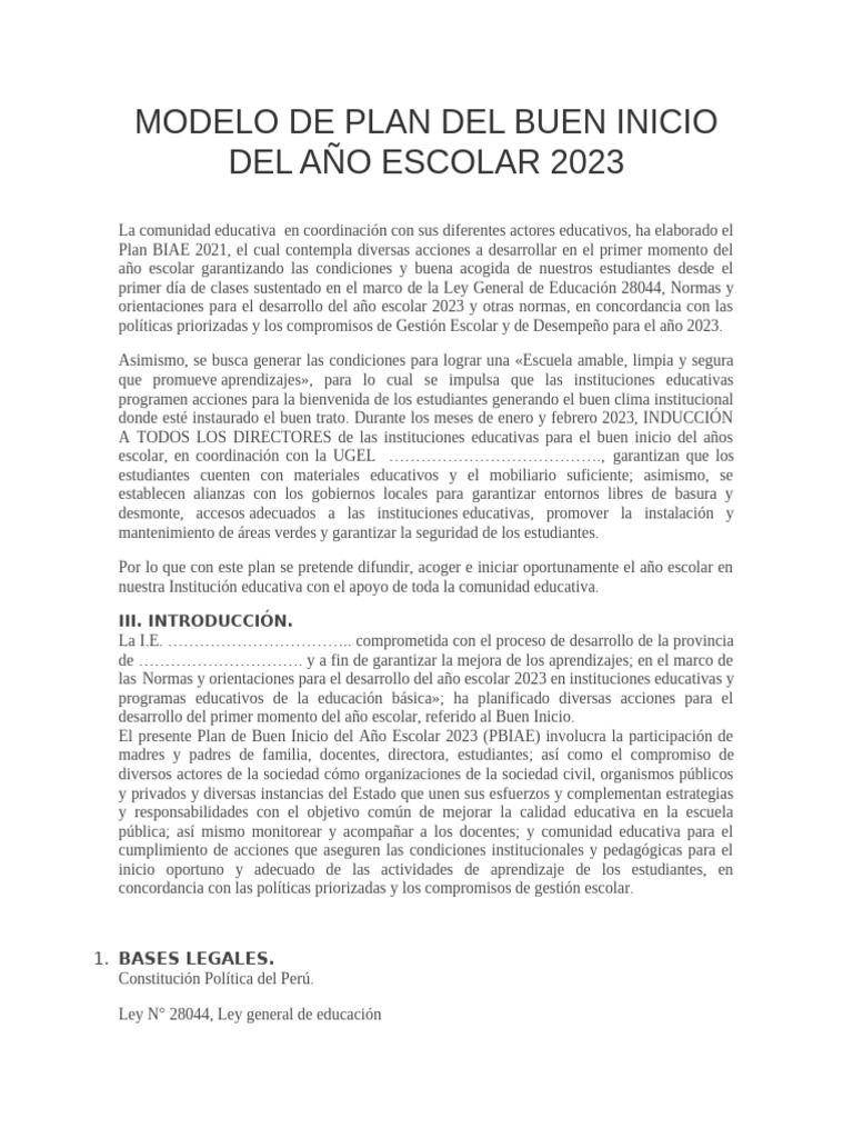 Modelo de Plan Del Buen Inicio Del Año Escolar 2023 | PDF | Escuelas ...